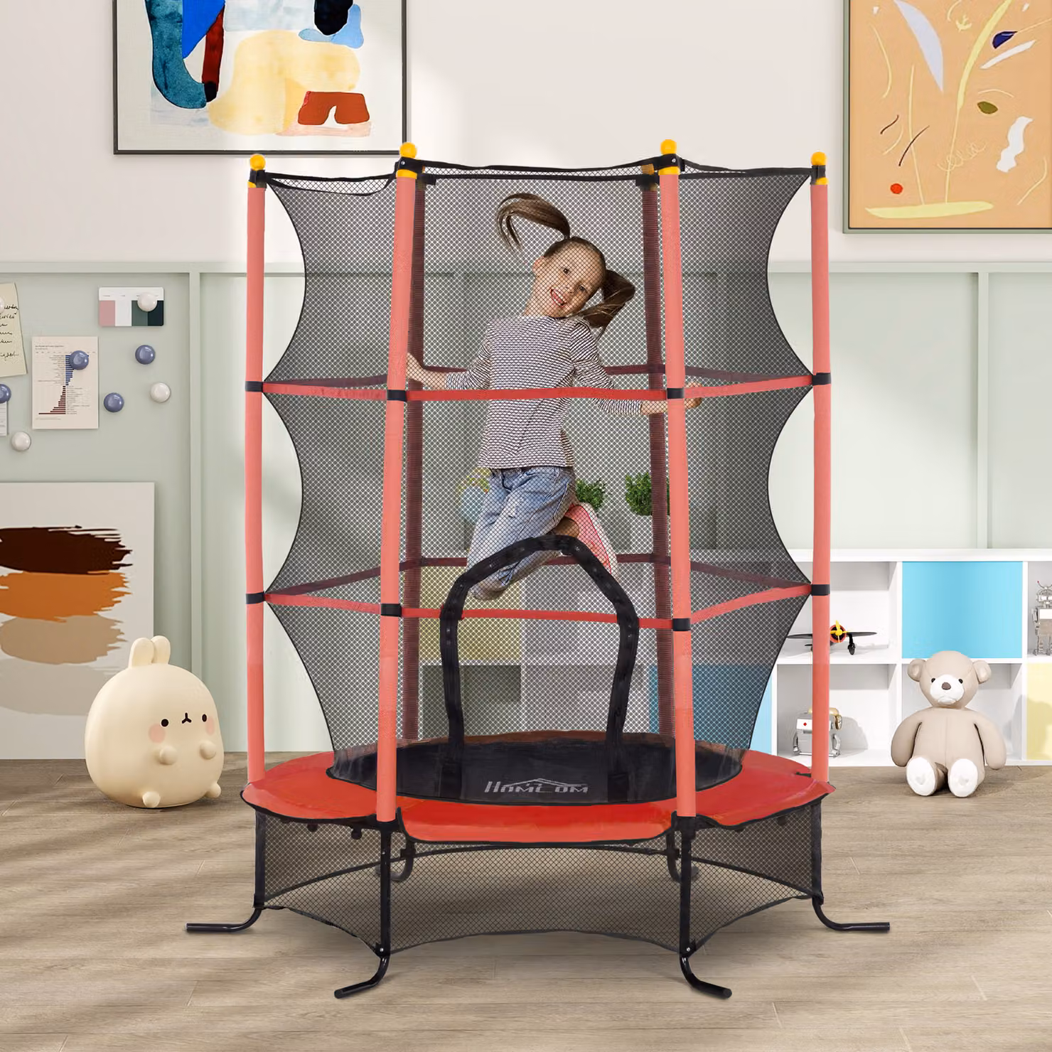 Trampolino elastico mini per bambini HOMCOM con rete di sicurezza e struttura in metallo, Rosso, Ø: 160 cm, H: 190 cm – 2