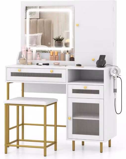 Scrivania per trucco con specchio e luci, Set tavolo da trucco con sgabello e stazione di ricarica Bianco + Oro-Tavoli da trucco