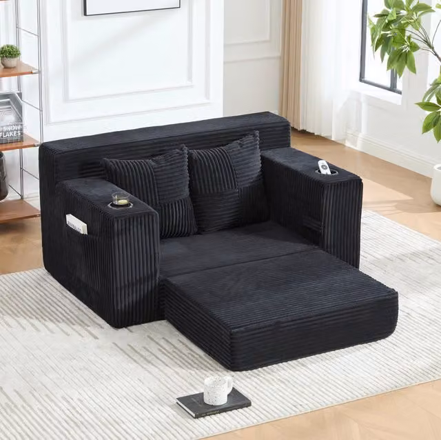 Divano pouf moderno in corduroy nero 151x133x64 cm con tasche laterali e 2 cuscini