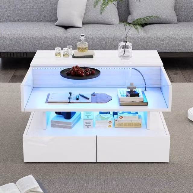 Tavolino da caffè quadrato MODFU con piano sollevabile in vetro e finitura bianco lucido L/P/H: 80 x 80 x 45 cm