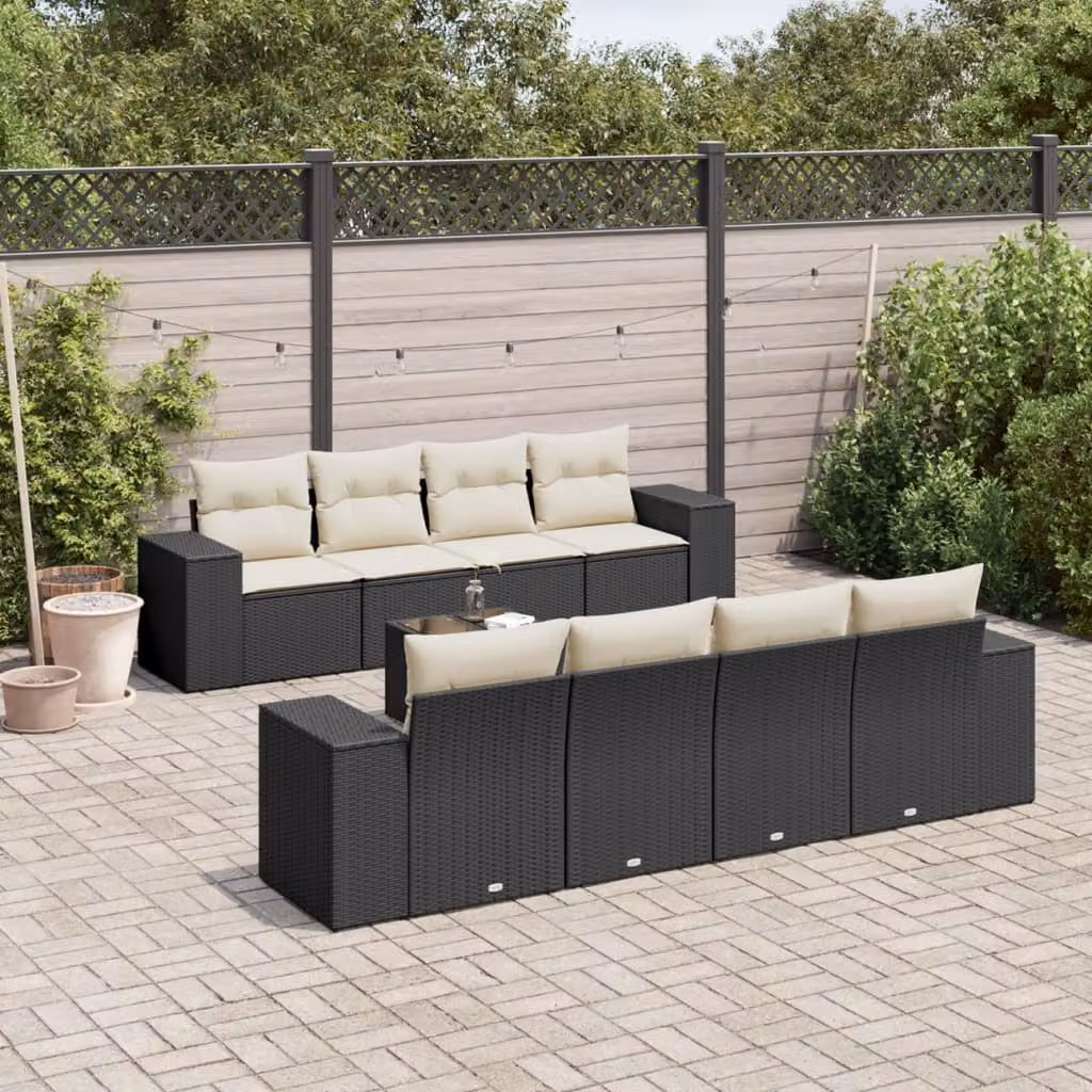 Set di divani da giardino vidaXL in polyrattan nero con cuscini e tavolino da esterno a forma di U – 1