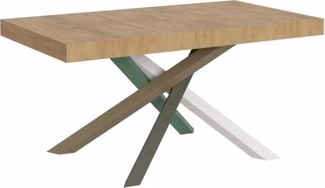 Tavolo allungabile moderno Volta in quercia natura con telaio a X e struttura in metallo, L/P/H: 160 x 90 x 77 cm (estendibile a 264 cm)
