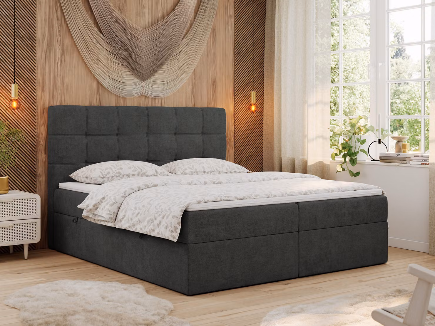 Letto boxspring MKS MEBLE 160x200 con materasso, letto con materasso Multipocket H4 e topper, letto imbottito 160x200 con contenitore e testiera, ERNI - Grigio scuro strutturato