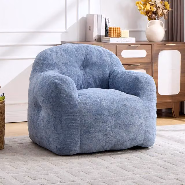 Poltrona Pouf Minimal con Braccioli in Finta Pelliccia Blu