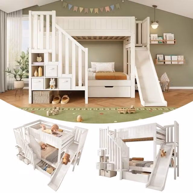 Letto a Castello 90x200 cm con Scivolo e Cassetti; Bianco; Struttura in Legno con Scala Contenitore e Libreria; Certificato EN747-1:2024