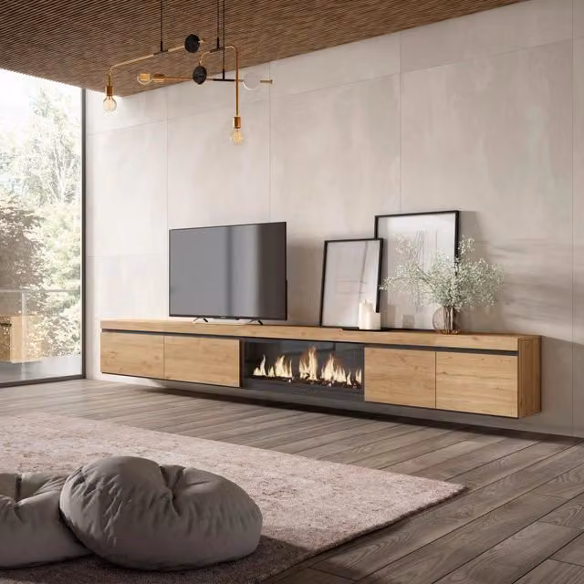 Mobile TV Soggiorno, 368x35x45, Camino elettrico XXL, da appendere, colore Rovere RF3691