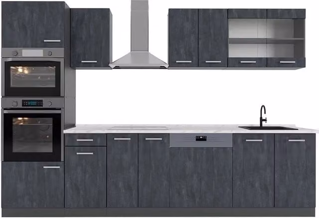 Cucina componibile moderna R-Line Vicco, colore Calce nera e Antracite, L: 300 cm, H: 206,8 cm, P: 60 cm