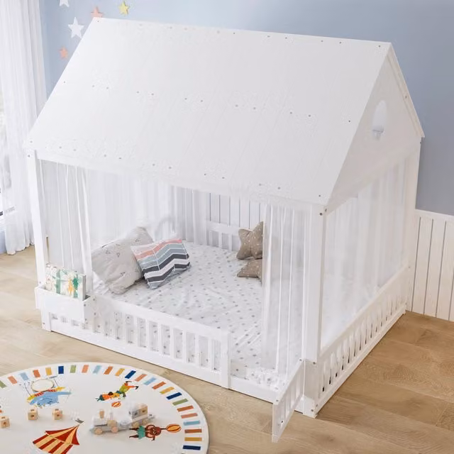 Letto Singolo per Bambini REDOM con Struttura a Casa, Colore Bianco, L/P/H: 140 x 200 x 107 cm
