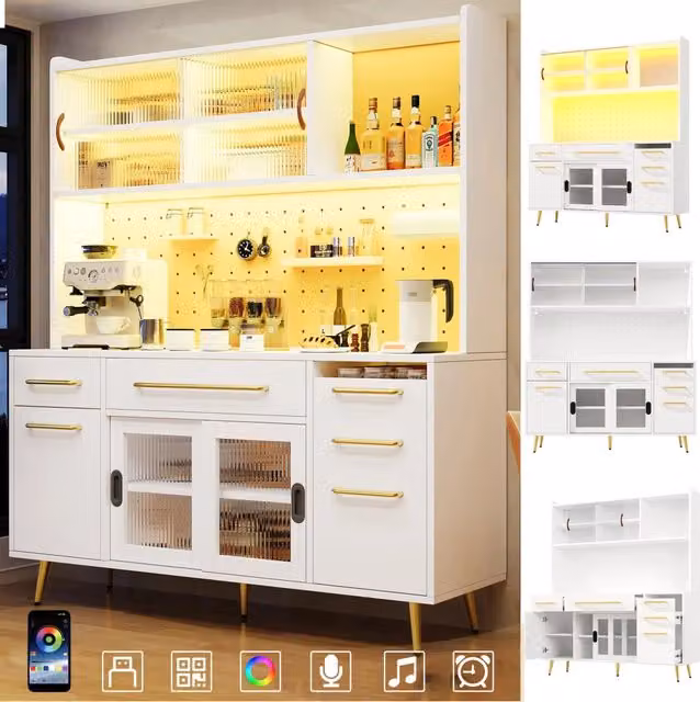 Sideboard moderno bianco con illuminazione LED, credenza alta per cucina e soggiorno con pannello forato, cassetto e anta in vetro