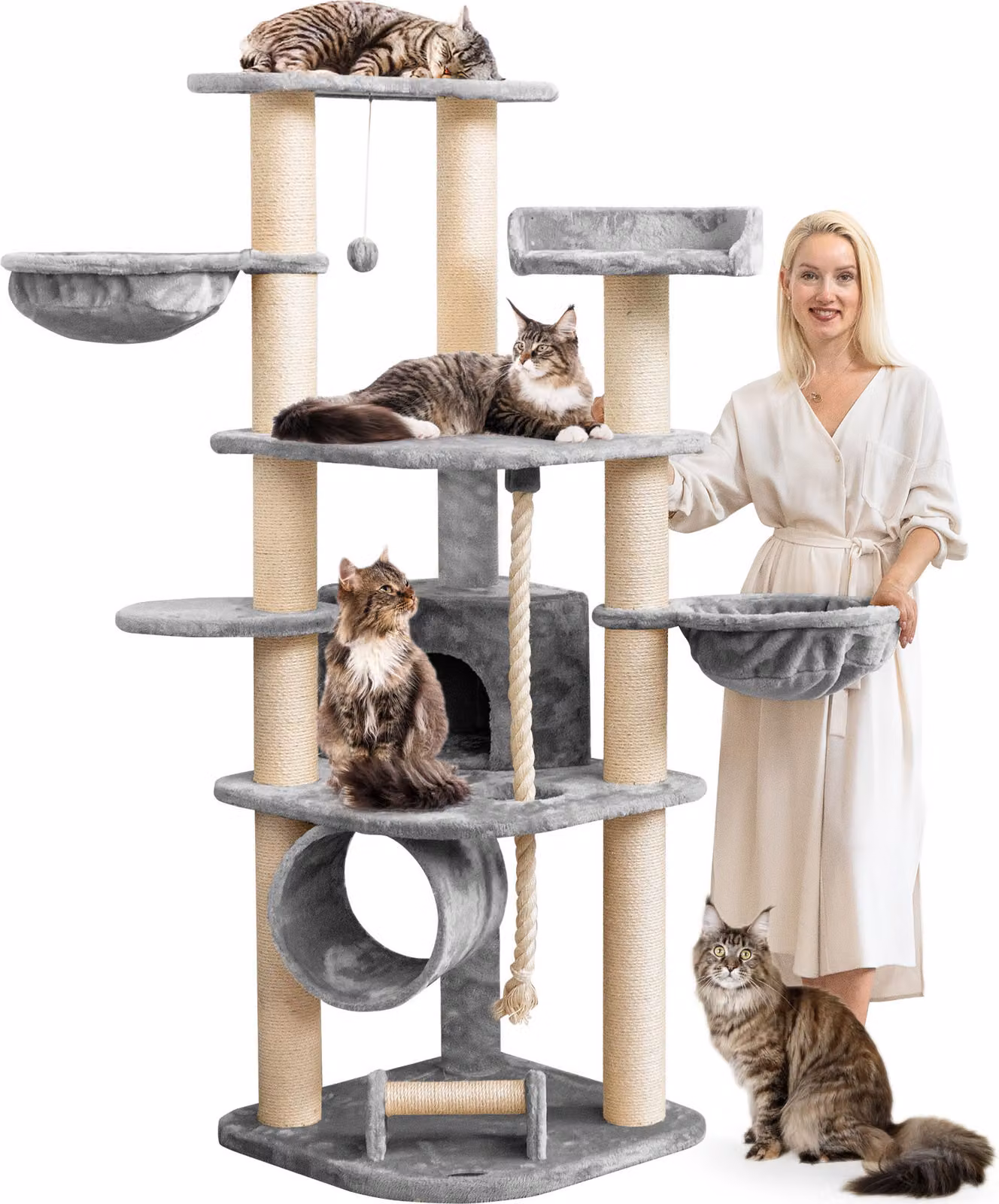 HAPPYPET Grande tiragraffi stabile "Parker" 171 cm - 11 cm tronchi, grandi cucce, rotolo tiragraffi, albero per arrampicarsi XXL Tiragraffi per gatti, grigio