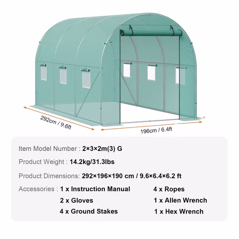 Serra a tunnel, design accessibile, copertura in polietilene impermeabile, verde, dimensioni 3x2,1x2,1 metri