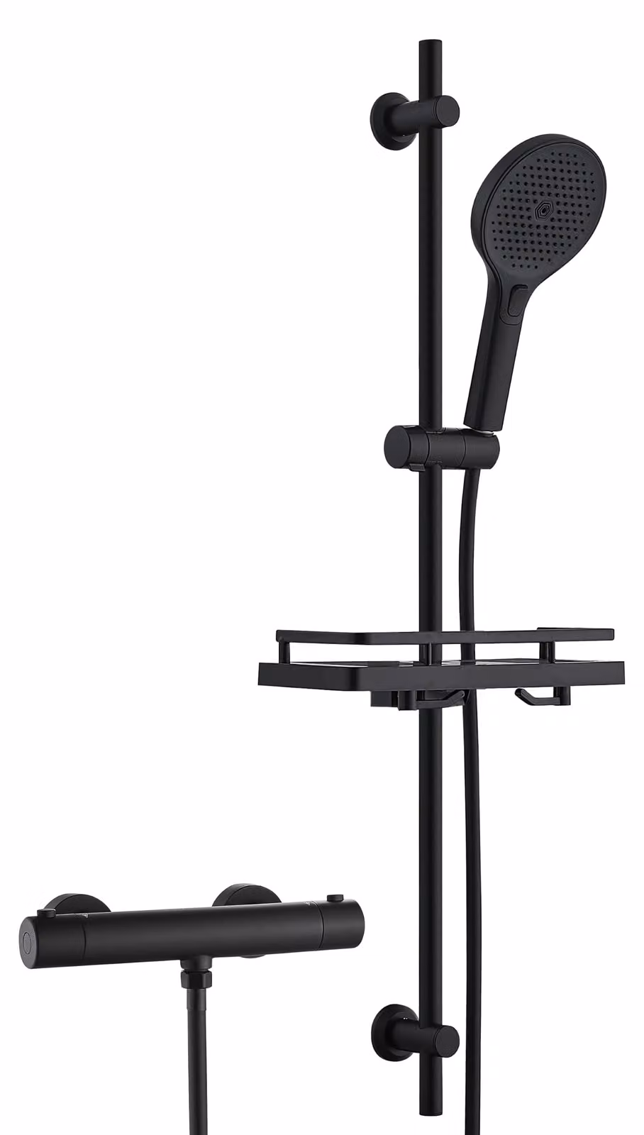 Colonna doccia termostatica, asta da 100 cm, doccetta manuale, ripiano, colore nero