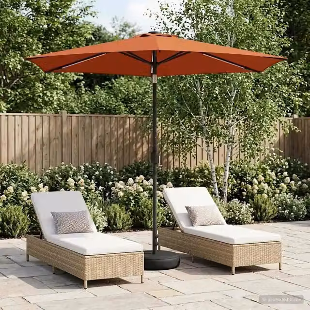 Ombrellone da giardino con luci LED e base in poliestere, colori marrone e arancione, L: 270 cm x P: 270 cm – 1