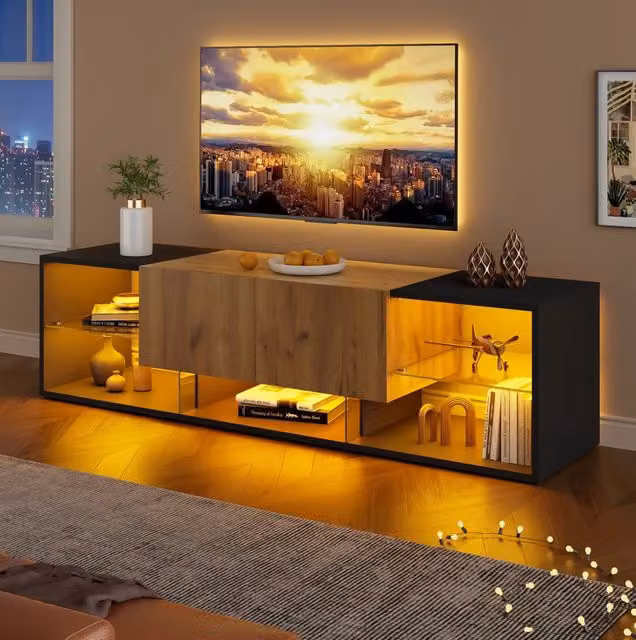 Mobile TV moderno MODFU nero con illuminazione LED integrata in legno e vetro L/P/H: 160 x 40 x 42 cm