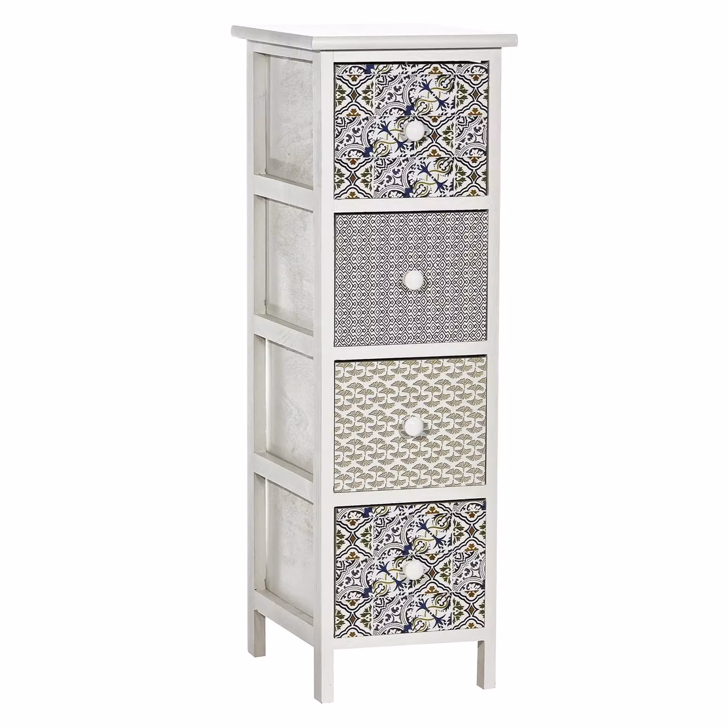 Cassettiera Multiuso VESTIAMO CASA Linea Woodhandy con 4 Cassetti Decorati Bianchi H 80 cm x L 32 cm x P 26 cm – 1