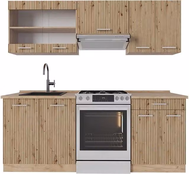 Cucina componibile moderna R-Line Vicco in rovere con ante in vetro, L: 200 cm, P: 60 cm – 1
