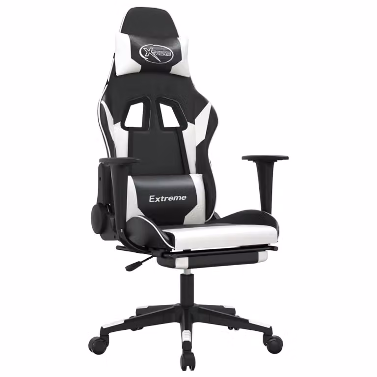 Sedia da Gaming con Poggiapiedi Nero e Bianco in Pelle finta