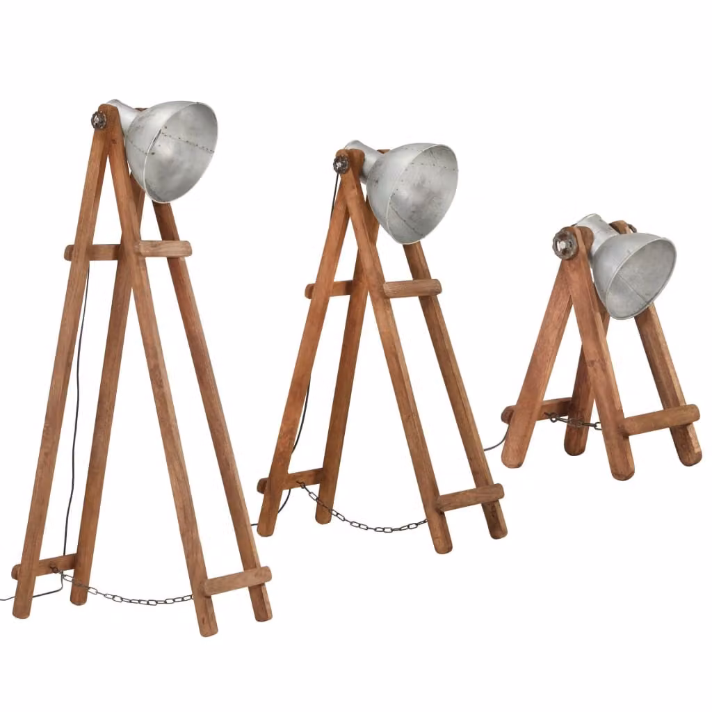 vidaXL Lampade da terra 3 pezzi argento E27 mango legno massiccio