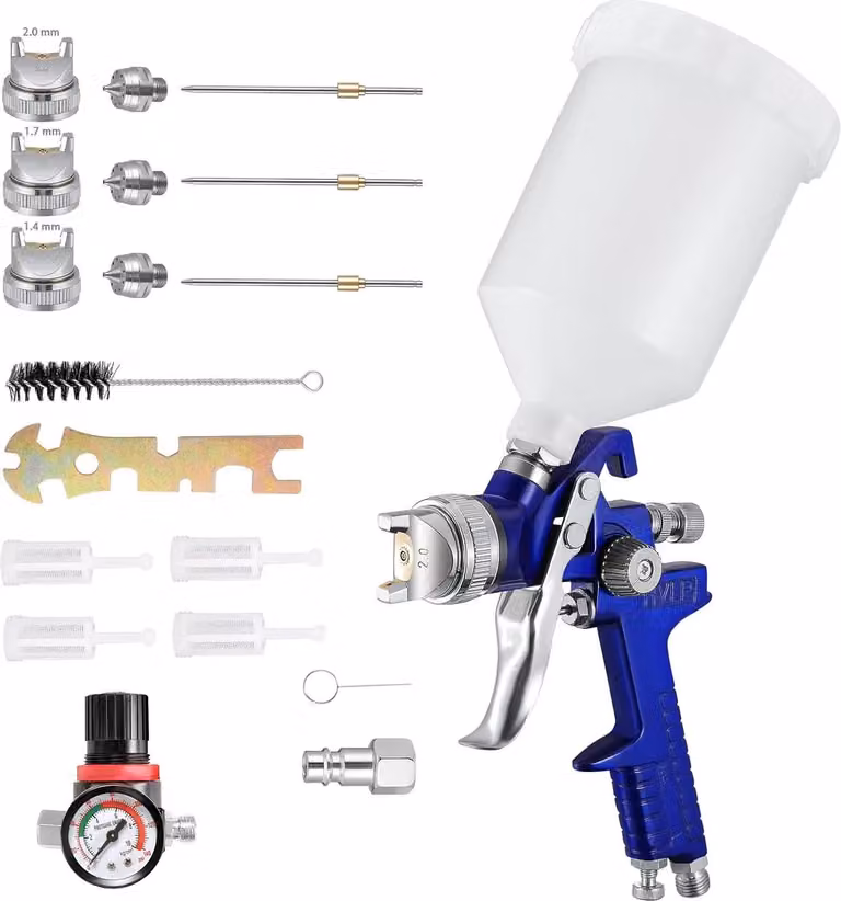 Pistola a spruzzo HVLP - Pistola a spruzzo per vernici - Alimentazione a pressione - Serbatoio da 600 ml - Regolatore di pressione dell'aria - Regolatore di flusso del colore - Nebulizzazione fine - Blu