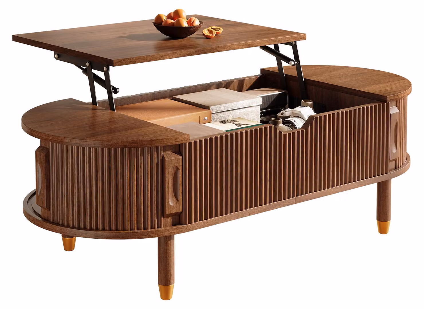 Tavolino ovale Moonbite per il soggiorno, con funzione di sollevamento, dimensioni 110 x 48 cm, con spazio contenitivo, ante scorrevoli e frontale a coste, realizzato in pannello MDF, finitura noce