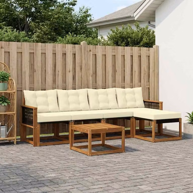 Set di divani da esterno vidaXL a forma di L in legno di acacia con pouf e tavolino, colore beige e marrone