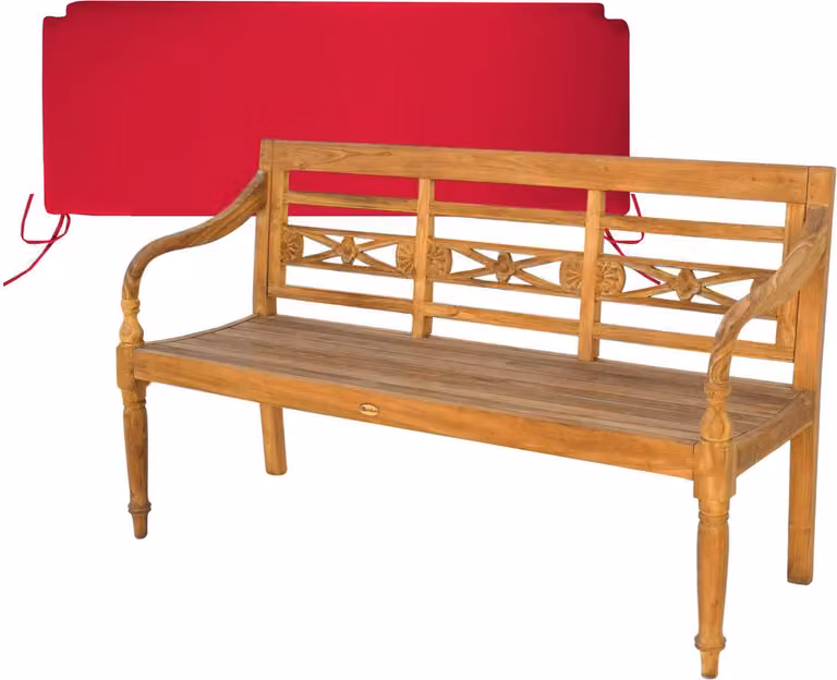Panca in legno di teak, modello Aosta, 150 cm, realizzata in legno massello, resistente agli agenti atmosferici, con cuscino seduta rosso