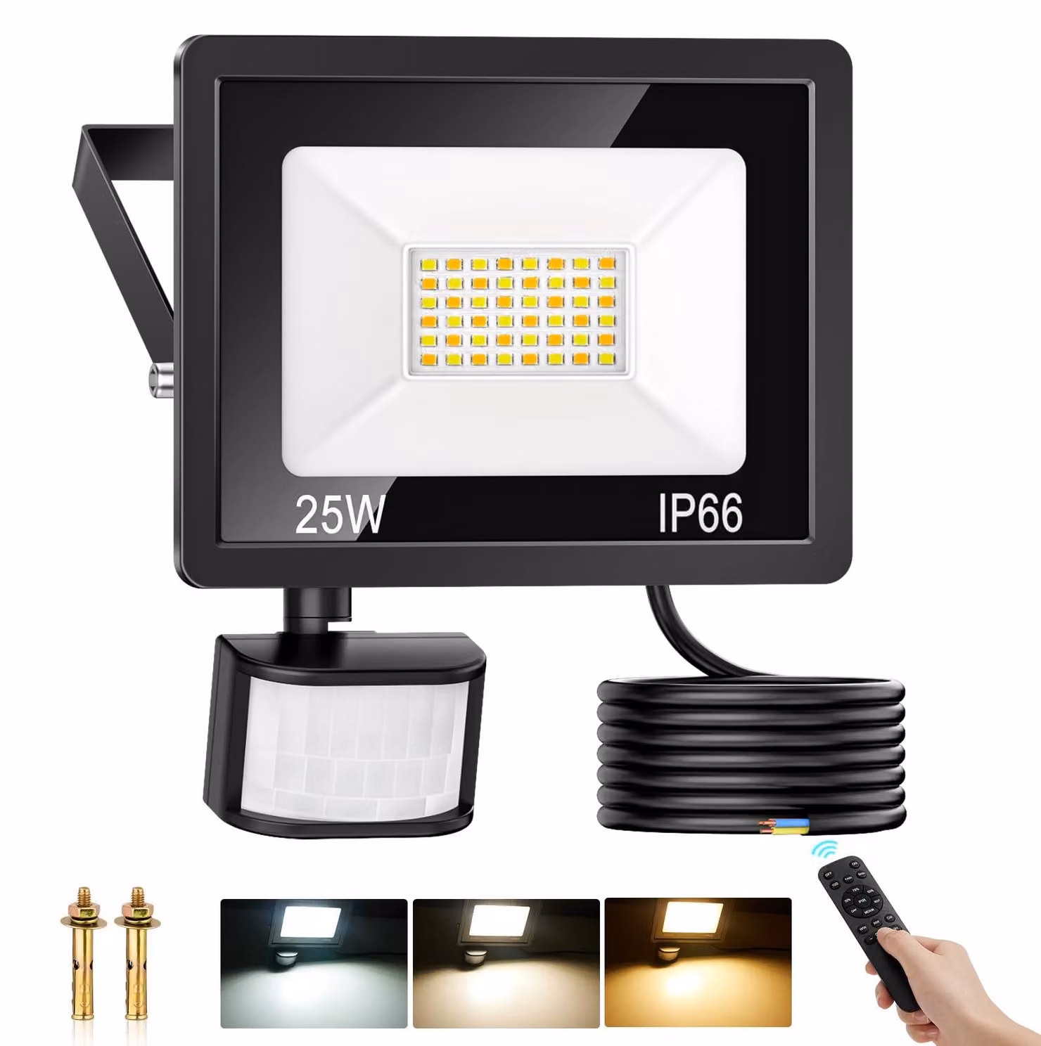 Faretto LED da 25 W con sensore di movimento, 2700 lumen, grado di protezione IP66, dimmerabile