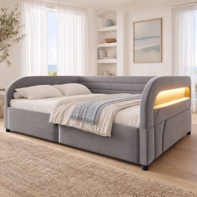 Letto contenitore imbottito 140x200 cm con apertura idraulica e illuminazione LED, grigio