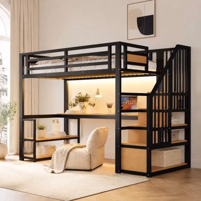 Letto a soppalco in metallo 90x200 cm con luci LED, presa elettrica, scaletta con contenitore, mensole e scrivania, struttura robusta nera