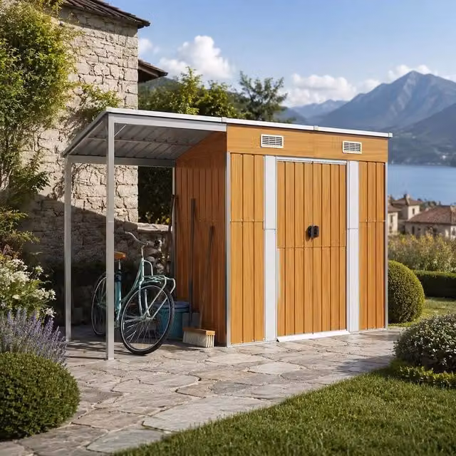 Garden Shed With Lean-to Roof, Light Brown, 277x107x181 Cm, Steel