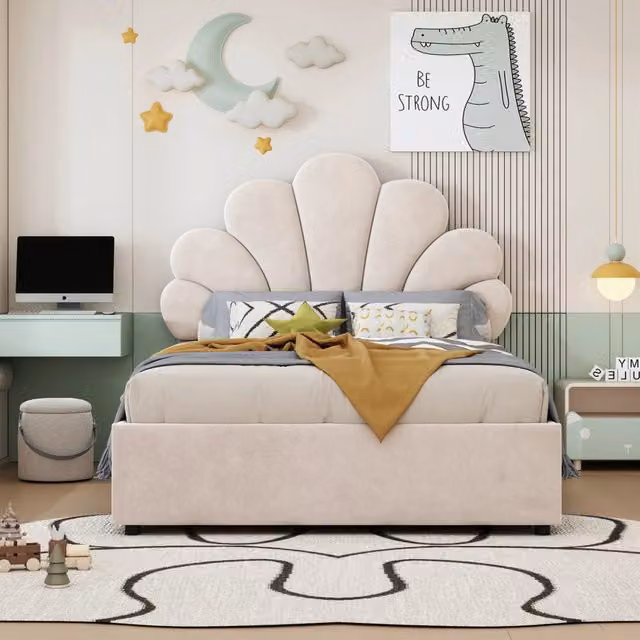 Letto contenitore singolo 90x200 cm in velluto con testiera a fiore regolabile; beige