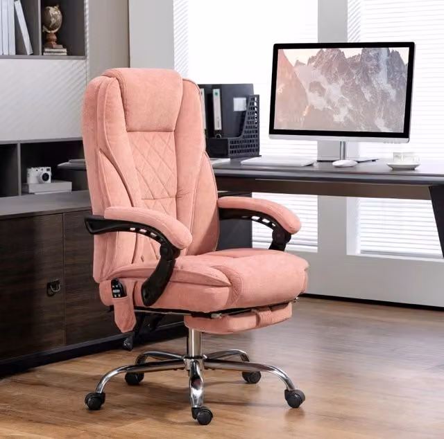 Sedia da ufficio ergonomica rosa con massaggio vibrante, riscaldamento e poggiapiedi