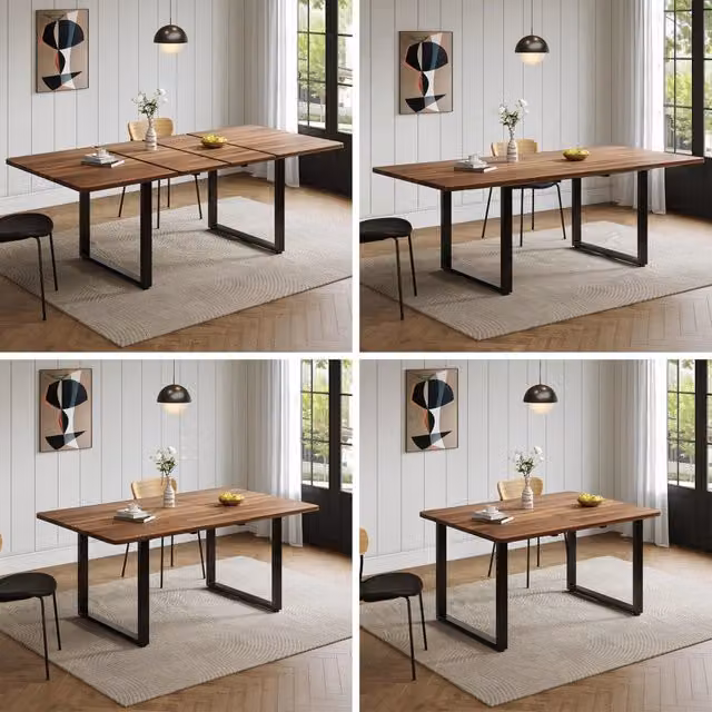Tavolo da pranzo allungabile 3 lunghezze 140/180/220x80 cm, 6-10 posti, forma rettangolare, gambe in metallo, stile semplice, colore noce, per cucina e sala da pranzo
