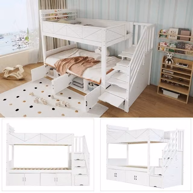 Letto a castello bianco 90x200 cm con scala contenitore; armadietti; sponda rialzata e mensola per cameretta