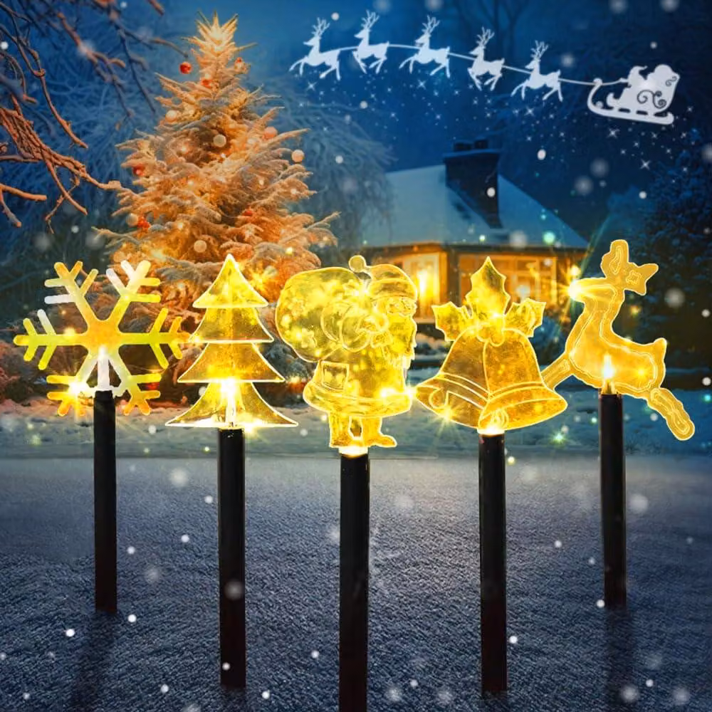 Kit di luci a LED per giardino, tema natalizio, 5 pezzi, in acrilico, luce bianco caldo