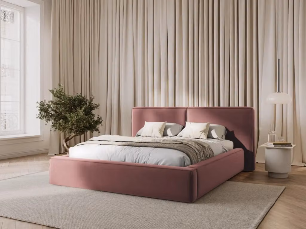 Letto con cassettone e testiera doppia Arendal di Cosmopolitan Design in velluto rosa L 160 cm x P 200 cm – 2