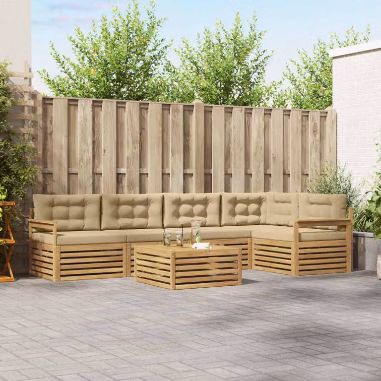 Set di divani da esterno vidaXL a forma di L composto da 6 pezzi con tavolo da caffè, in legno di acacia e tessuto resistente ai raggi UV, colori bianco, beige e marrone