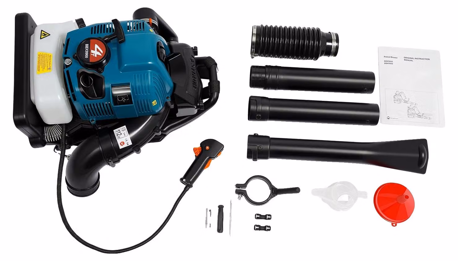 Soffiatore a motore, cilindrata di 75,6 cm³, potenza di 2,6 kW, serbatoio del carburante da 1,9 litri, motore a 4 tempi, lunghezza del tubo di 168 cm