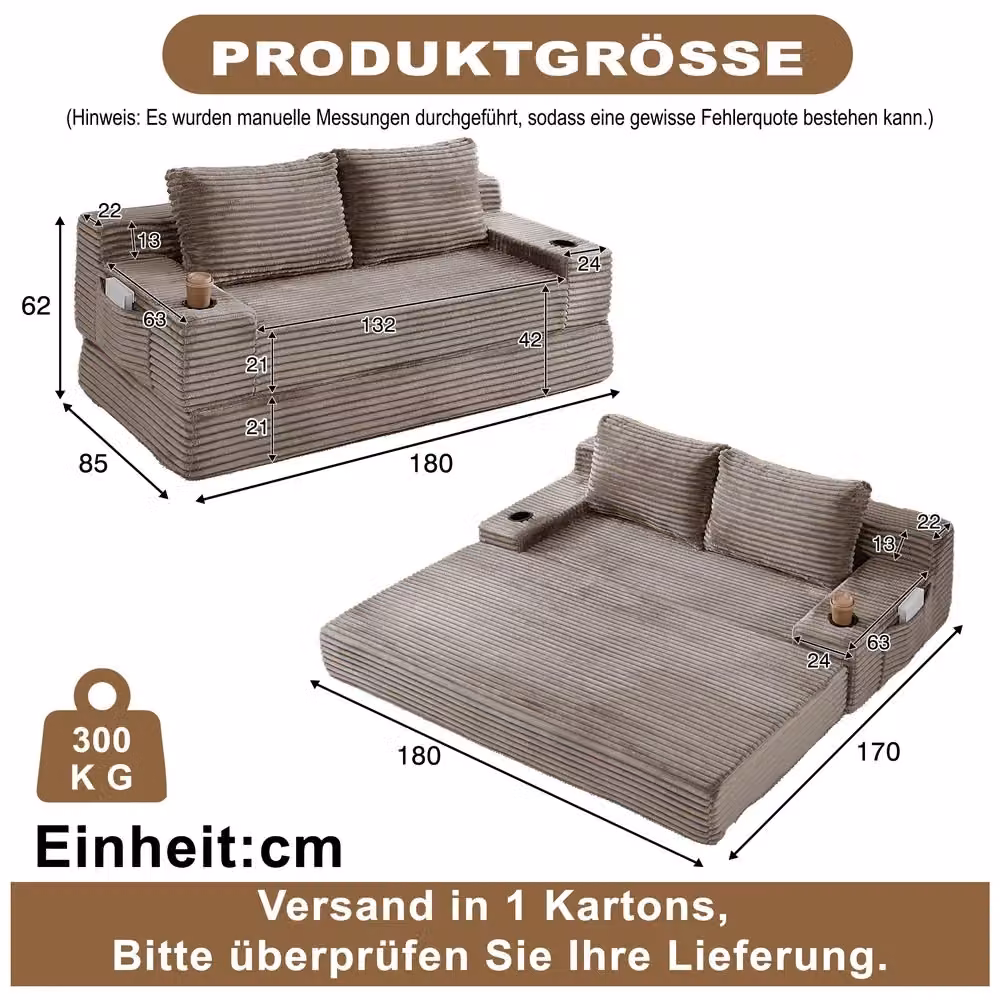 Divano letto 2 in 1 Minimal in tessuto beige con cuscini, portabicchieri e tasche portaoggetti – 2