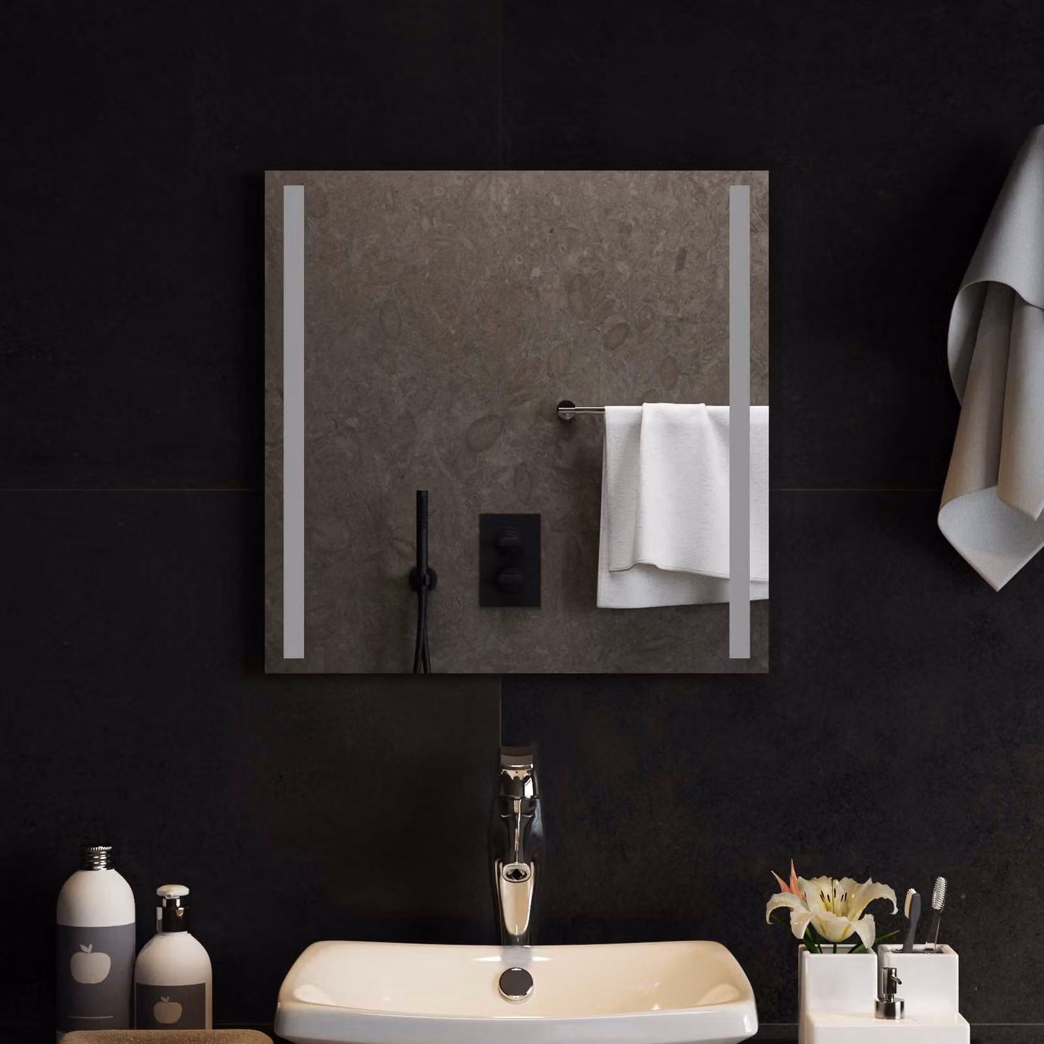 Specchio da bagno moderno vidaXL con luce LED in vetro temperato trasparente, L 50 cm x H 50 cm
