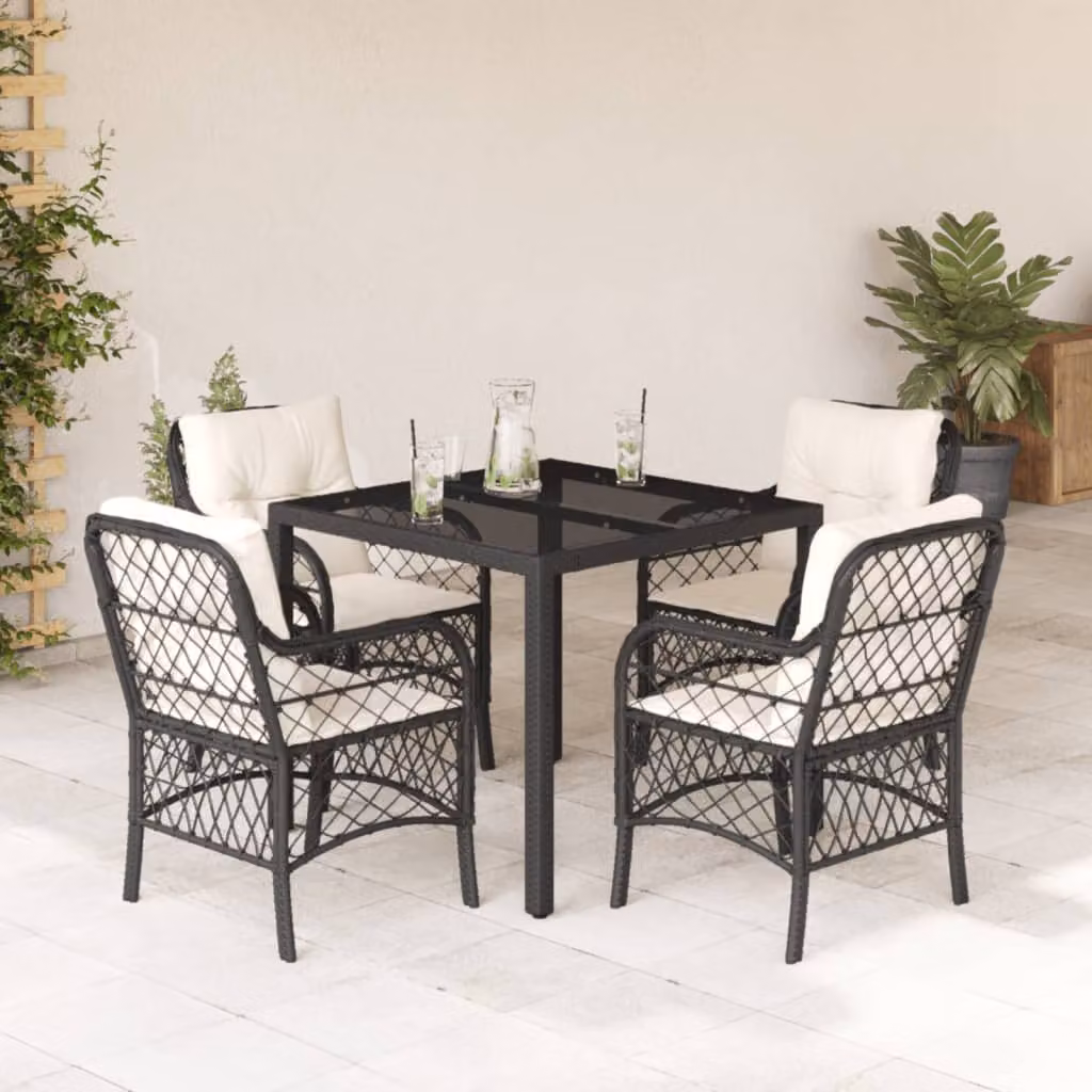 Set da Pranzo da Giardino vidaXL 5 pz in Polyrattan Nero con Cuscini e Tavolo in Vetro – 1
