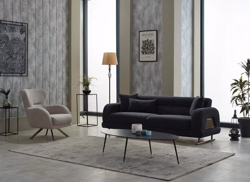 Sofagarnitur Polstersofa Dreisitzer Sessel Stoff Schwarz Sofa Set 2tlg