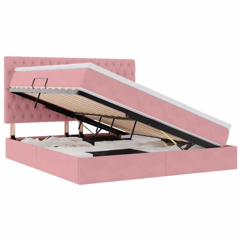 Letto con contenitore e materasso vidaXL in velluto rosa con base a sollevamento e porte USB L/P/H: 204 x 180 x 280 cm – 2