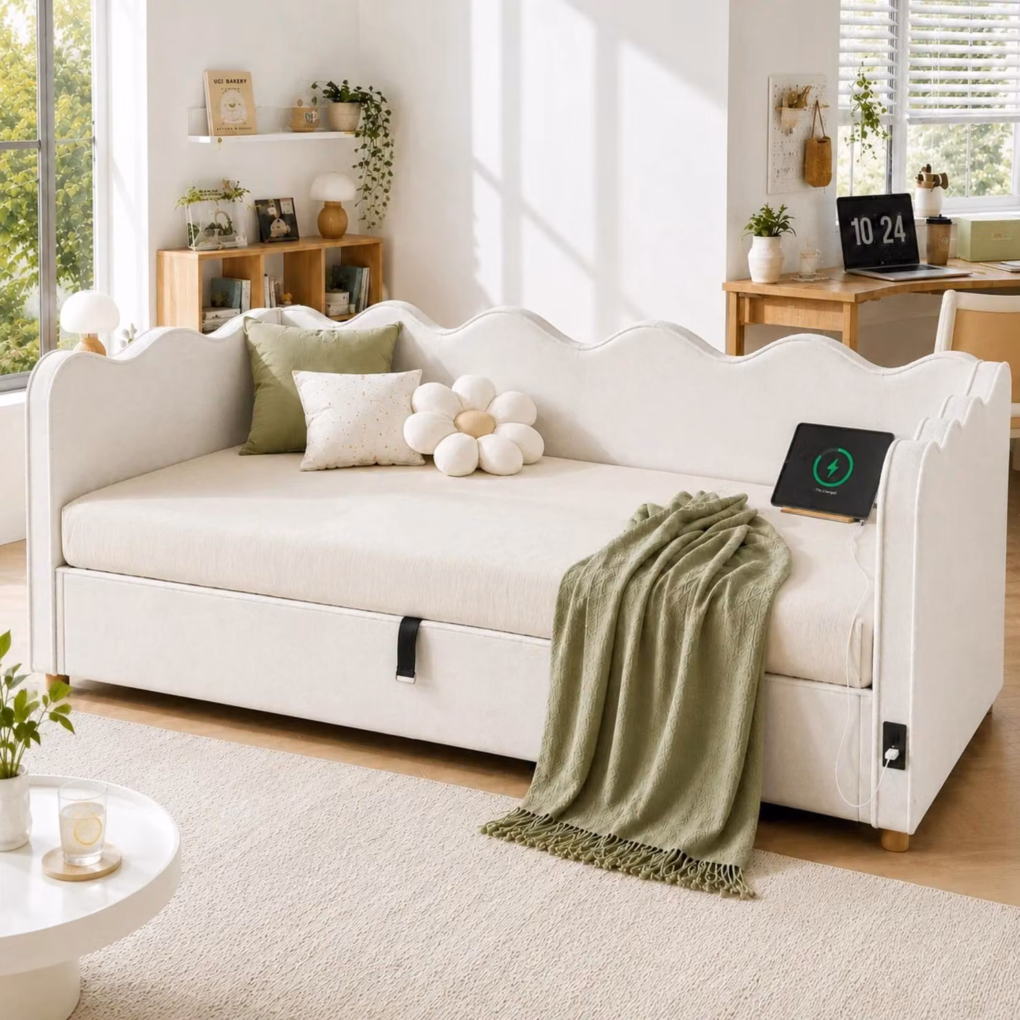 Letto singolo 90 x 200 cm con spazio contenitore idraulico, prese USB e Type-C, schienale imbottito, rete a doghe e rivestimento in velluto, color beige