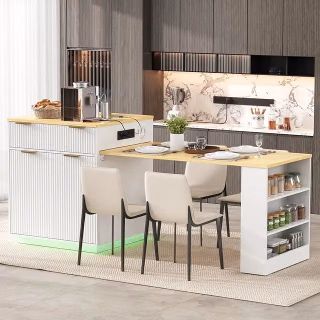 Desviae Tavolo da pranzo estensibile con LED e ruote, ricarica USB Type-C, cassetti e ripiani regolabili per cucina, bianco