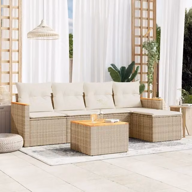 Set Divano da Giardino a L vidaXL 6 pz con Cuscini Beige e Tavolino in Polyrattan e Acciaio