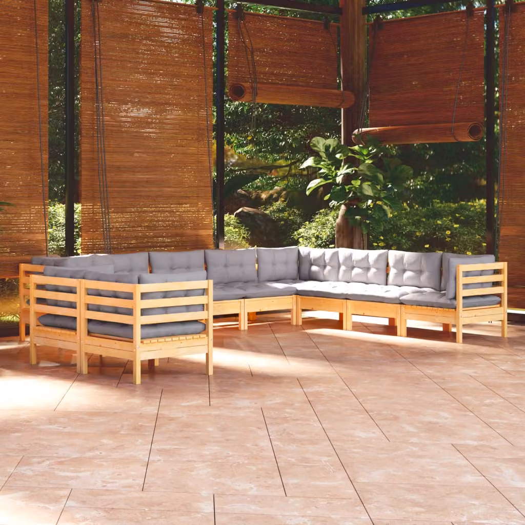 The Living Store Set da giardino da 10 pezzi con cuscini grigi in legno di pino massiccio