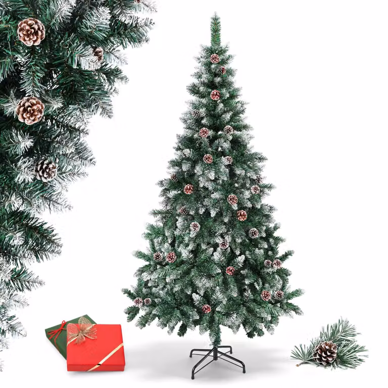 Albero di Natale Ikodm, altezza 210 cm, con decorazioni a forma di neve e 35 pigne, albero di abete artificiale con 750 punte, base in metallo