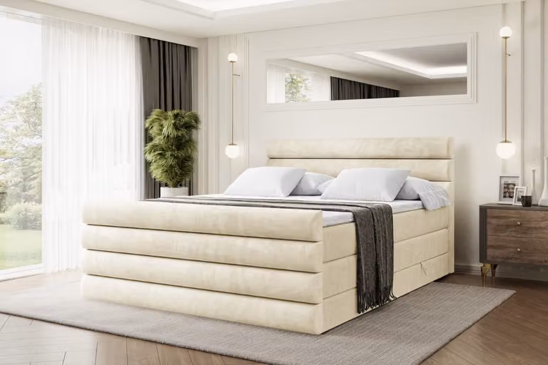 Letto boxspring ALTDECOR con pediera, 2 materassi e topper - 180x200 cm - CELESTIA-Z KING - Velluto beige - Letto imbottito con materassi H3 e H4, contenitore e rete a doghe, letto con spazio contenitivo