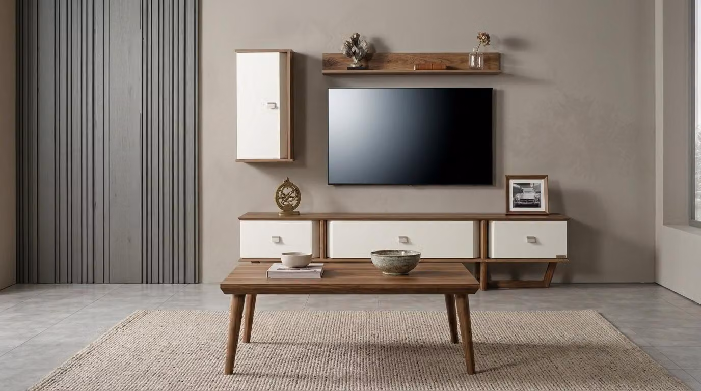 Mobile TV a parete, pensile, ripiano, stile moderno, colore marrone, forma rettangolare, comodo